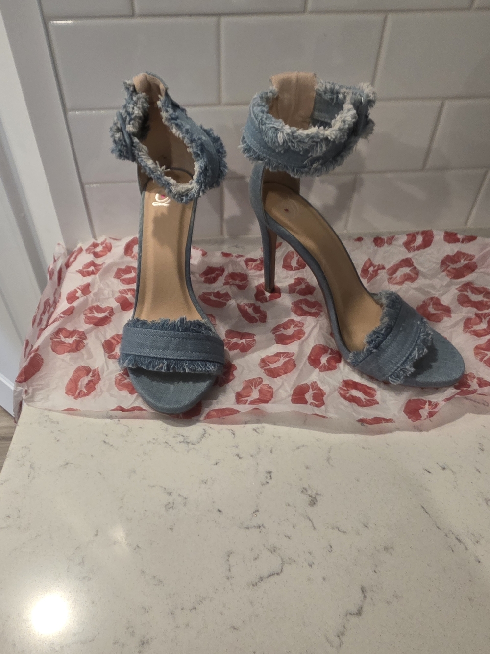 Denim Frayed Ankle-Strap High Heel Sandals - Light Blue